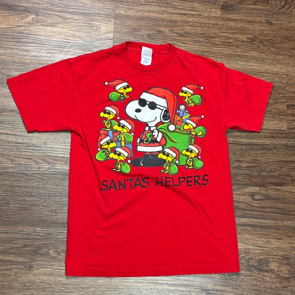 Peanuts Snoopy Santa's Helpers Christmas T-Shirt Red Men's M Woodstock